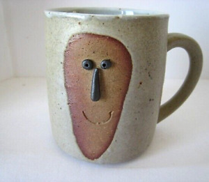 Art Pottery Stoneware Coffee Mug Decorated - Face with 3D Eyes & Nose.