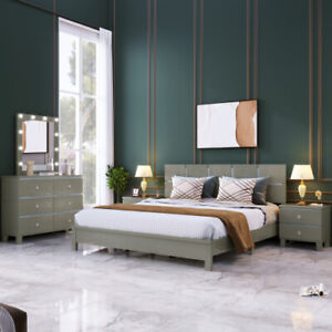 Modern Bedroom Sets Queen King Size Platform Bed Frame Nightstand Dresser Mirror