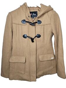 GUESS Jacket Women's Size Small Tan Beige Brown Pea Coat Trench Coat with hood