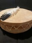 VINTAGE HANDMADE DOUBLE SIDED FEATHER NATIVE AMERICAN RAWHIDE DRUM PRAYER