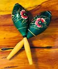 Wooden Painted Green Maracas Hand Carved Flowers Shakers Percussion 11”