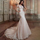 Sexy Mermaid Wedding Dresses Lace Applique Sweep Train Cap Sleeves Bridal Gowns