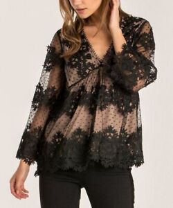 $89 Miss Me Black Dot Lace-Overlay Long-Sleeve Empire-Waist Top Black Size Small