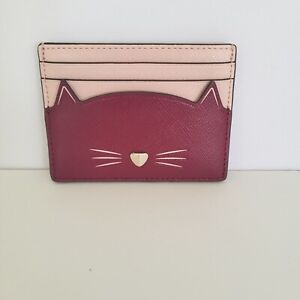 Kate Spade Meow Cat Pink Small Slim Card Holder Mini Wallet Burgundy Pink