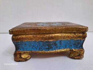 1950s Italian Florentine Wood Jewelry Box Keepsake Gold Gilt Robin Egg Blue