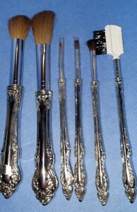 VINTAGE MAKEUP BRUSH SET 6pc SET SILVERPLATE W/carrying pouch