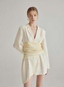Silk Maison Soft Gradient Pleated Belt Silk Blazer Dress White Yellow Size Small