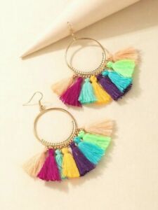 NEW Gold Rainbow Colorful Fringe Tassel Earrings Boho Hippie Fashion Drop Dangle