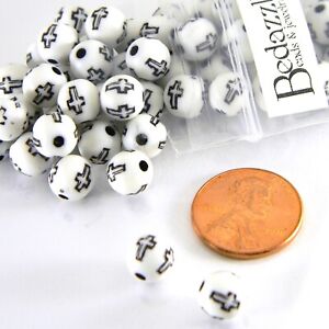 100 White & Black 8mm Round Plastic Acrylic Engraved Cross Jewelry Craft Beads