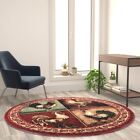 Gallus Collection 6' x 6' Round Red Rooster Themed Olefin Area Rug with Jute Bac