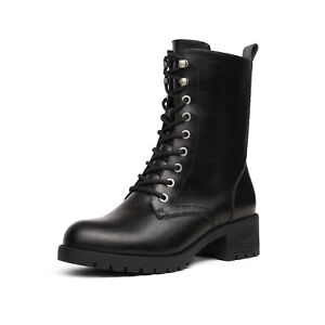 Women Black Lace Up ComBat Boots Low Heel Side Zipper Military Mid Calf Boots