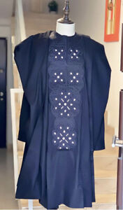 Blue-black Agbada Babariga 3Pcs Men's Kaftan African Clothing African Groom Suit