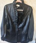 Neiman Marcus Black Leather Jacket Women Size Medium Ruffle