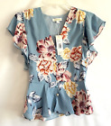 Yumi Kim Shirt Women’s Size XXS Light Blue Floral Sonoma Courage Peplum Top