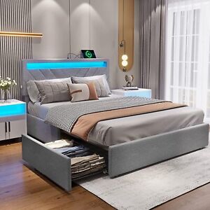 Queen Size Upholstered Platform Bed Frame with LED Lights Headboard & 4 Drawers