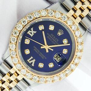 Rolex Mens DateJust 36 Blue Dial Steel - 18k Gold Diamond Bezel Watch 4.10 Carat