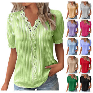 Women Summer V-Neck Short Sleeve Pullover Shirt Ladies Solid Casual Tunic Blouse