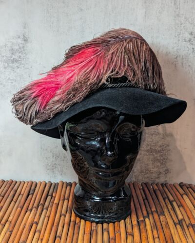 Vintage Women's Black Velvet Knox Ostrich Feather Hat Marked Size 22 w/ Side Bow