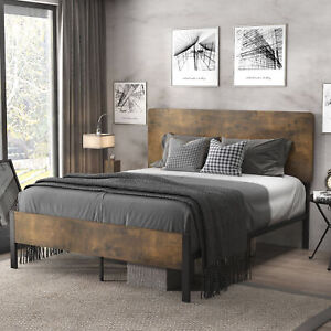 Full Size Metal Platform Bed Frame with Wooden Headboard, Black & Brown