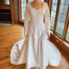 Ivory Satin A-Line Long Sleeve Traditional Bridal Gown Wedding Dress Size 10
