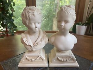 Vintage Alexander Backer Boy Girl Victorian Busts Sculptures Bookends ABCO