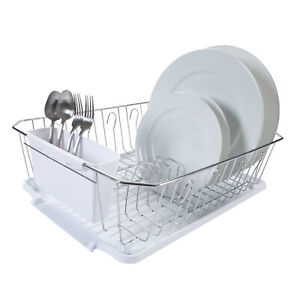 Kitchen Details White 3-Piece 1.5 lb Chrome Dish Rack Cutlery Drainer Organizer