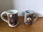 Vintage Funny Ugly Face 3D Art Pottery Coffee Mugs Handmade Set of 2