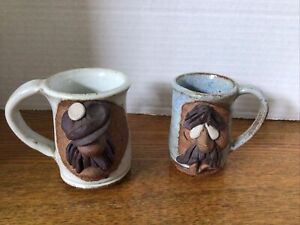New ListingVintage Funny Ugly Face 3D Art Pottery Coffee Mugs Handmade Set of 2