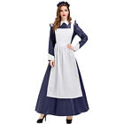 Women Waitress Dark Blue Maid Dress Cosplay Halloween Housekeeper Long Dress