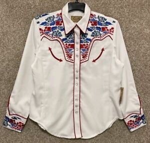 Scully Womens Floral Embroidered Western Long Sleeve Pearl Snap Shirt Large NWT