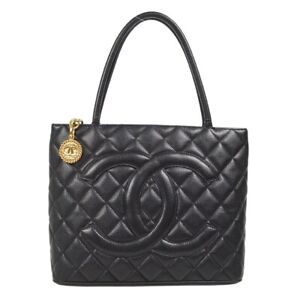 Chanel Medallion Quilted CC Hand Tote Bag Purse Black Caviar Skin 78500