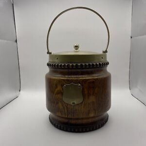 Charming Antique Dark Oak Biscuit Barrel Tobak Jar Porcelain Lining Tobacciana