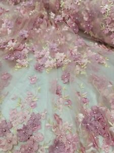 Pink Dusty Rose Lace 3d Floral Flowers Embroidery Dress Prom Fabric By The Yard