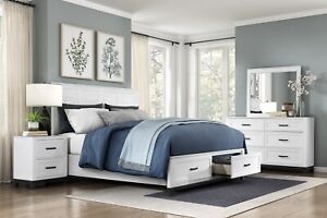NEW Modern White Queen King 4PC Bedroom Set Rustic Furniture Platform Bed/D/M/N