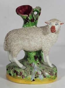 Antique 19th Century Staffordshire Pottery Sheep Spill Vase c1860