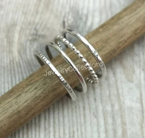 Set of 4 Sterling Silver Stacking Ring Simple Silver Hammered and Twist Band