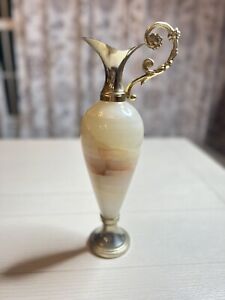 Vintage Genuine Onyx And Brass Base With Cream And Orange Two-Tone 12” High
