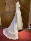 VTG 60s/70s Lace Chiffon Wedding Dress Semi-Cathedral Train & Veil Sheer Slv M/L