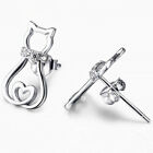 Cute Cat Silver Plated Stud Earring Cubic Zircon Jewelry Girl Party Gift A Pair