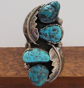 RELIC! 70's OLD PAWN Vintage 4 Stone Turquoise in STERLING Navajo Ring Size 8