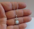 925 STERLING SILVER OWL NECKLACE PENDANT  W/  OPAL / LAB DIAMONDS/18'' CHAIN