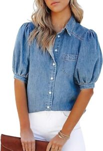 Women's Summer Puff Sleeve Denim Shirt Business Casual Tops Blouse Button-Down