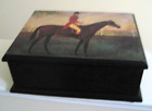 LARGE VINTAGE WOODEN TRINKET BOX WITH HORSE/RIDER ON FRONT - USED COND
