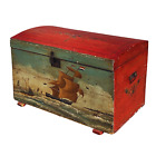 19th c Sea chest painted with a Nautical scene w/ French ships entering a harbor