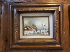 Small Rozarie Oil Painting On Board Vintage Framed Farm Winter 5x7
