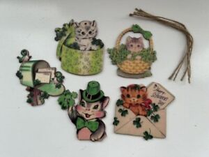 St. Patrick's Day 5 Cat Bird Wooden Ornaments Twine Vtg Style