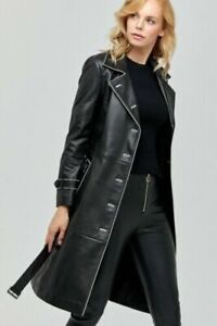 Leather Formal Style Casual Stylish Black Women's Trench Coat Genuine Lambskin