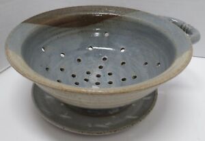 Hand Thrown Pottery Berry Colander Bowl with Drip Plate in blues and browns