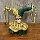 BRINN'S Harlequin Court Jester Musical Doll Head Green & Gold Vintage