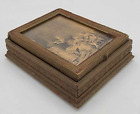 Antique 1920s Hand Carved Wood Jewelry Box French Victorian Print. Velvet Lining